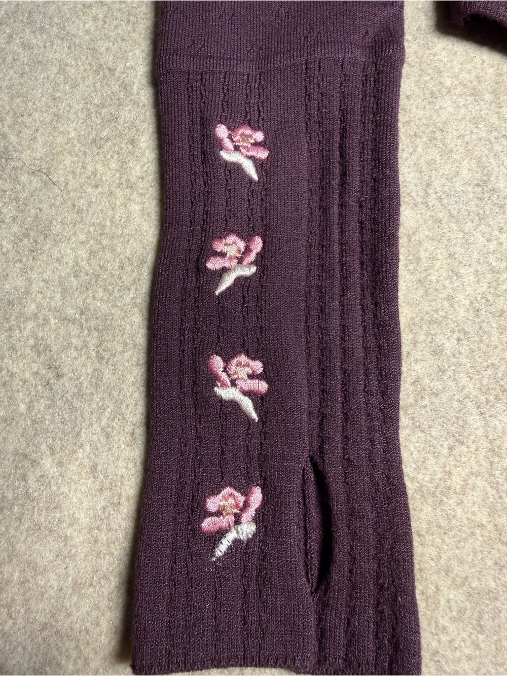 Free People Plum Cable Knit Long-Sleeve Bodysuit with Pink Embroidered Cuffs - Picture 3 of 7